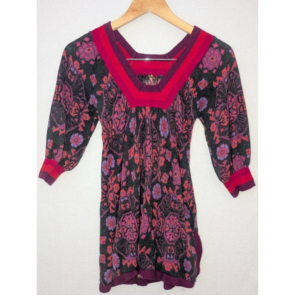 Free People Wool Cashmere Paisley V-Neck Tunic Sweater Purple Red Medium